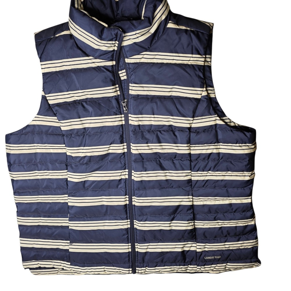 LANDS END Womens Puffer Vest Down Feather‎ 600 Fill Blue White Stripe Plus 1X